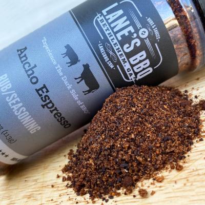 Lane's BBQ Ancho Espresso Rub -  Available in 4.0oz for $11.99 & 14.25oz for $32.99